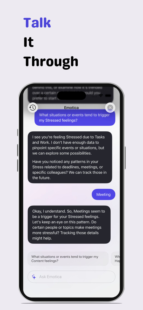 Emotica: Mood Tracker & Diary - Chat interface of the Emotica app showing a conversation with an AI coach about emotional triggers and stress management