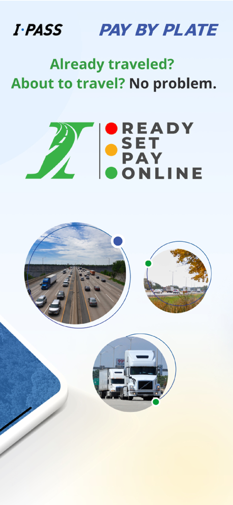 Illinois Tollway app splash screen promoting I-PASS and Pay By Plate services with highway traffic images