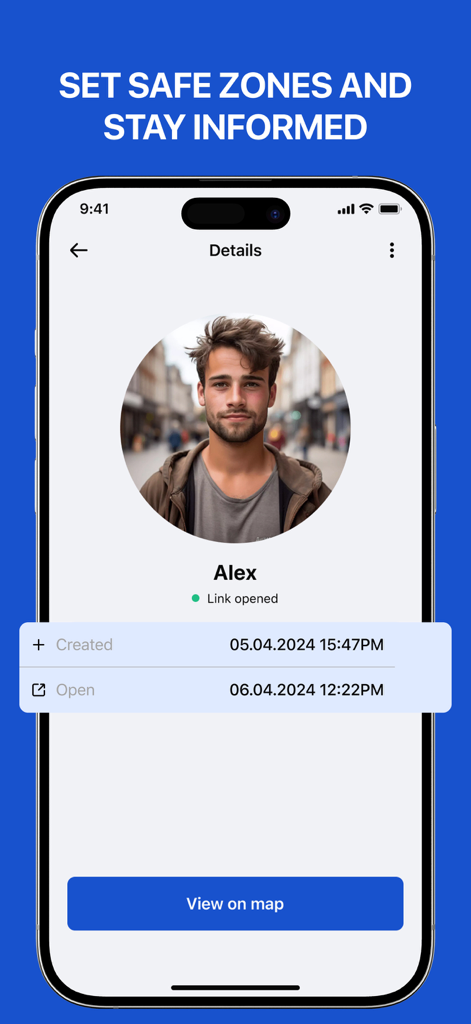 Find My Friends Geo Location - User profile screen showing location link status and tracking details for a contact named Alex.