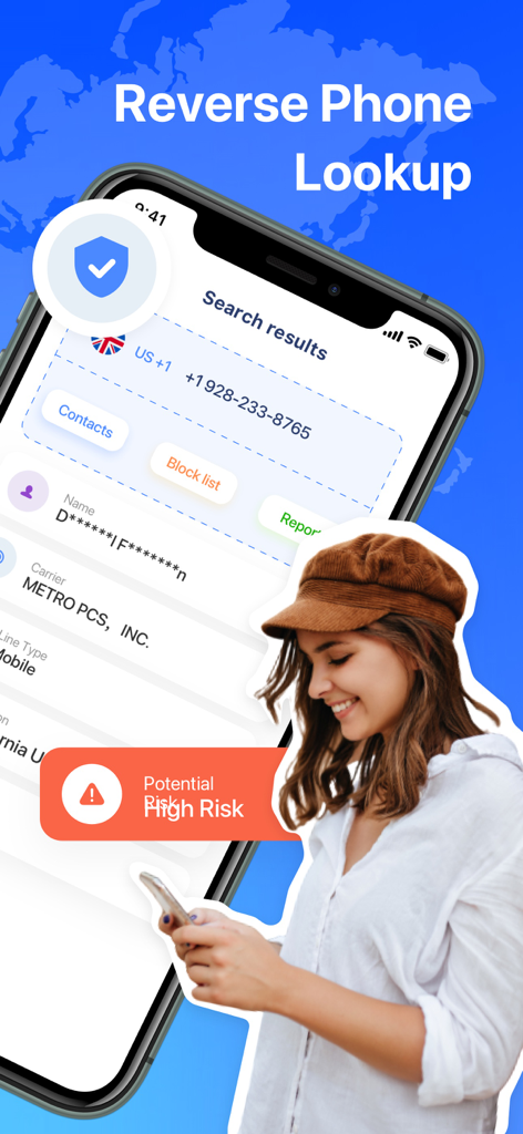 Caller ID:Reverse Phone Lookup - Caller ID app interface showing reverse phone lookup results with a potential high risk warning