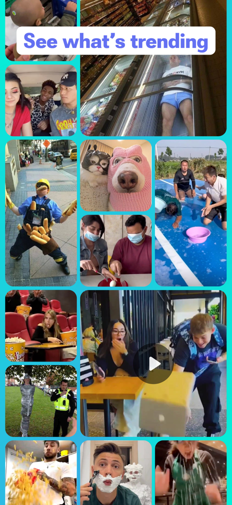 Shortn: short viral video hits - Una cuadrícula que muestra una variedad de videos virales divertidos y caóticos de tendencia en la aplicación Shortn