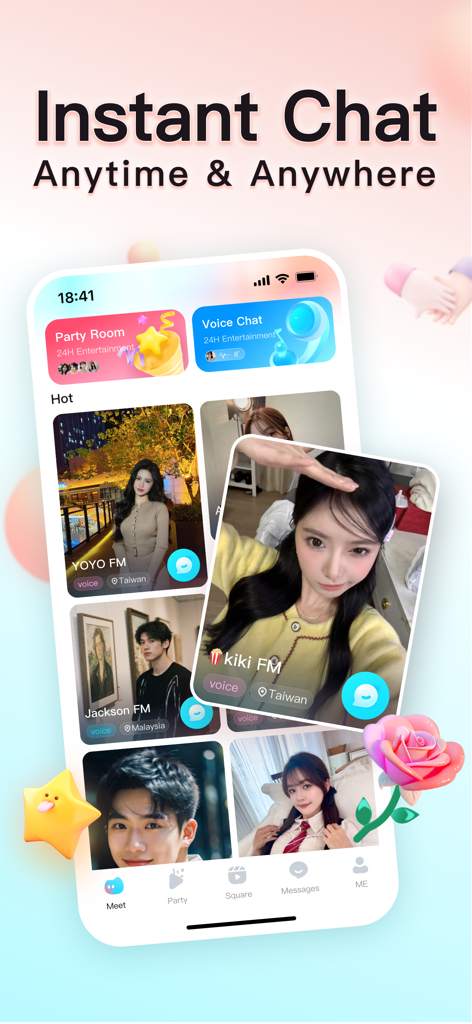 ByMe -Stand by Me! - Interfaz de la aplicación ByMe que destaca el chat instantáneo y las salas de fiestas de voz con perfiles de usuario.