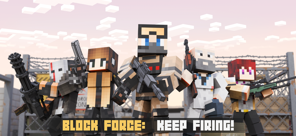 Block Force - 3D Pixel Shooter - Five blocky 3D pixel characters holding various firearms in an industrial setting with a sunset sky