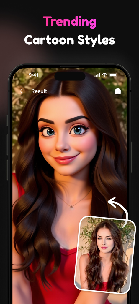 Cartoon Me: AI Cartoon Editor - A woman's photo transformed into a 3D cartoon character using Cartoon Me AI.