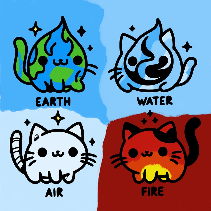 4 cats that represent the different elements, earth, water, air, and fire