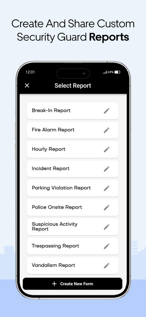 Interface of the Security Guard App showing a selection list of professional security report templates including Break-In, Incident, and Vandalism reports.