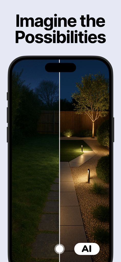 Landscape AI: AI Garden Design - Transformação noturna de jardim com IA mostrando iluminação de caminhos moderna e paisagismo