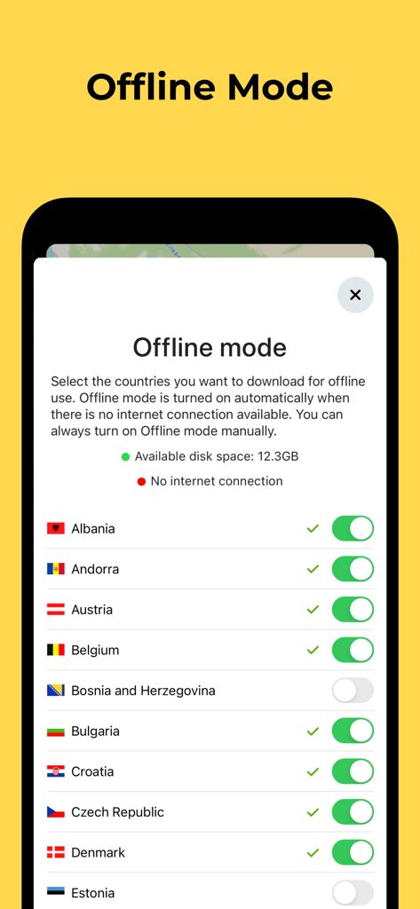 Screenshot of the Campy app showing the offline mode settings to download maps for various European countries