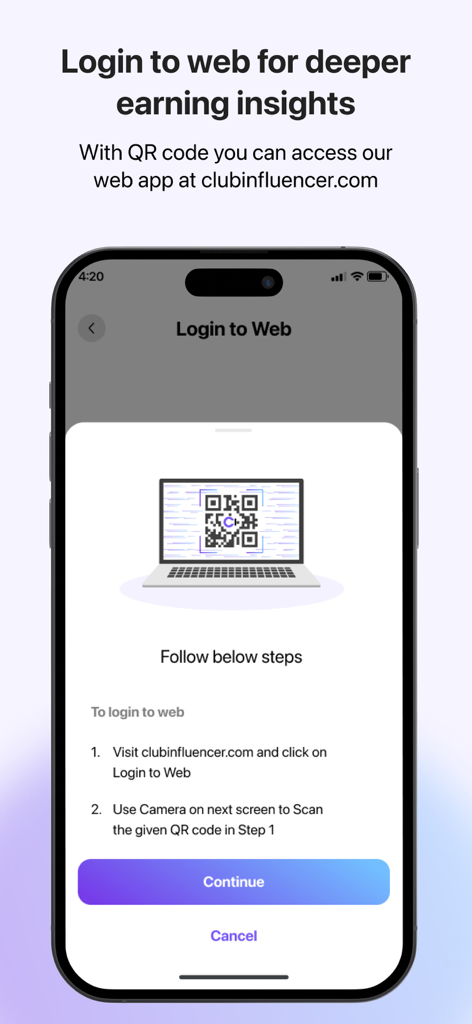 Pantalla de la aplicación Influencer que muestra instrucciones para iniciar sesión en la plataforma web para obtener información sobre ganancias usando un código QR