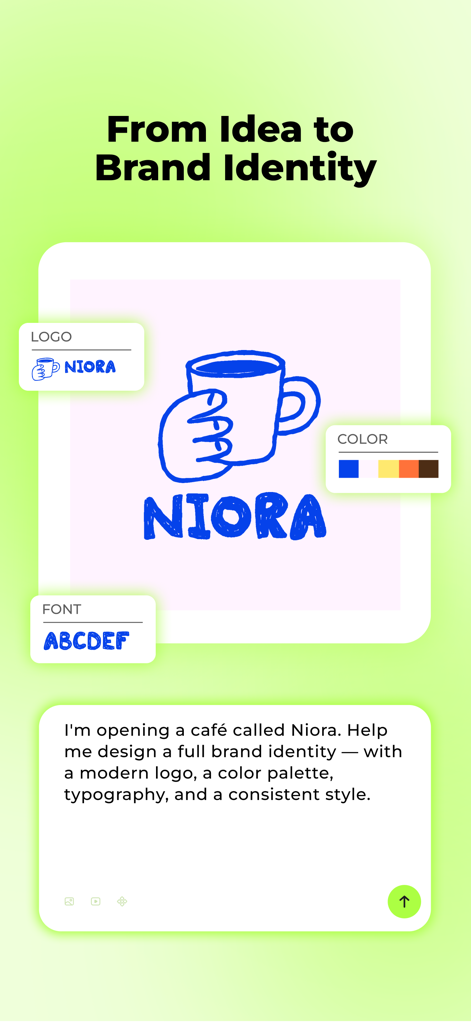 X-Design - Al Branding Agent - AI branding agent interface showing a generated brand kit for a cafe including logo color palette and typography