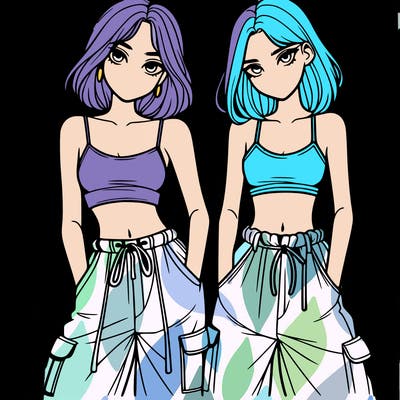 two girls with crop top with baggy pants