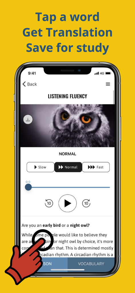 Deep English Learning - Deep English Learning app interface showing a listening fluency lesson with three audio speeds and a hand tapping a word for instant translation.