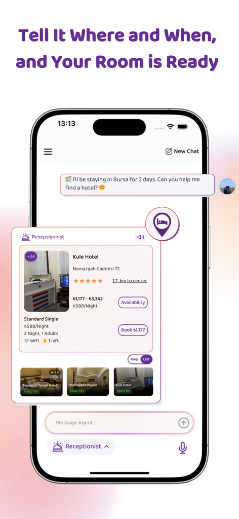 Rovo - Travel Agent - 채팅 창에서 호텔 추천을 보여주는 Rovo AI 여행 에이전트 앱 인터페이스