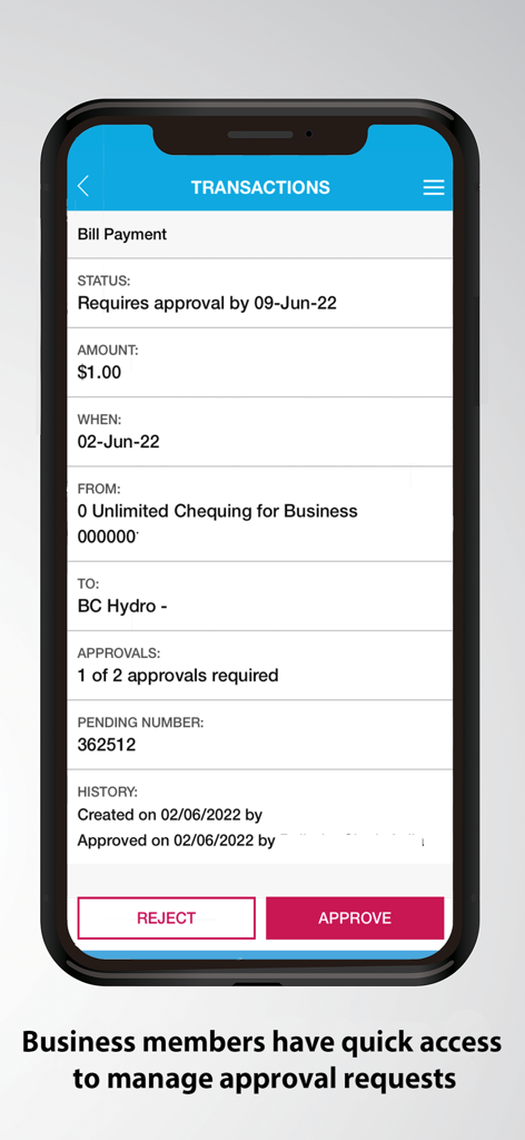 Envision Financial app business transaction approval screen showing a pending bill payment to BC Hydro.