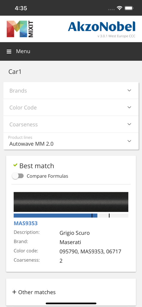 AkzoNobel MIXIT app screen showing a best match color formula for a Maserati vehicle