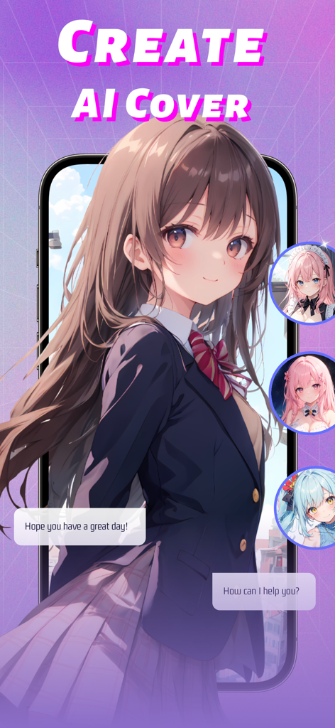 Interface of CharacterX app featuring an anime character and AI roleplay chat bubbles