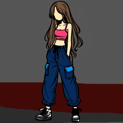 girl in baggy pants crop top and long hair