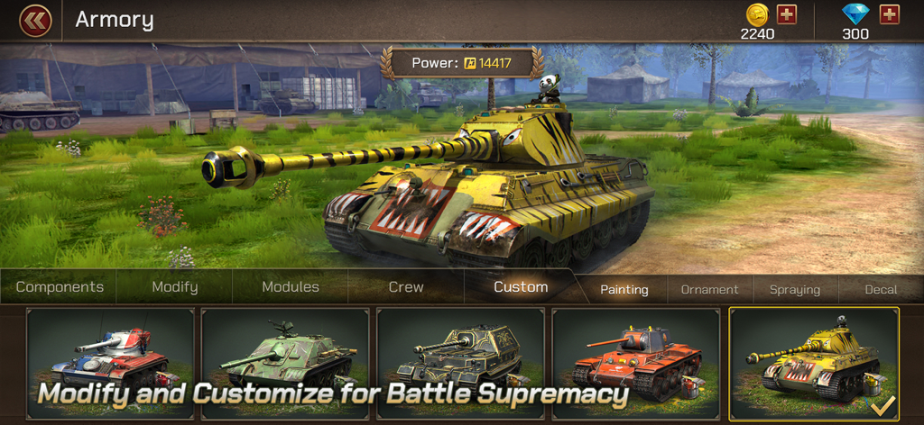 Tank Legion - Un tanque Tiger con camuflaje de tigre amarillo personalizado y calcomanías de dientes de tiburón en el menú del arsenal de Tank Legion