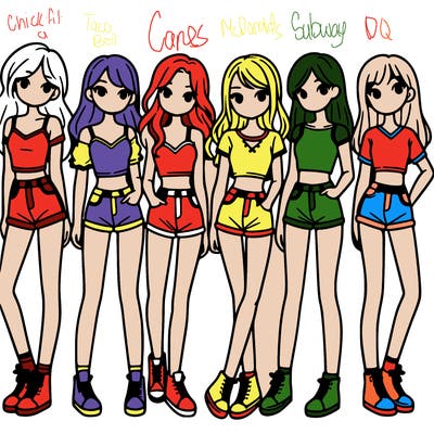 a group of girls wearing crop tops and shorts