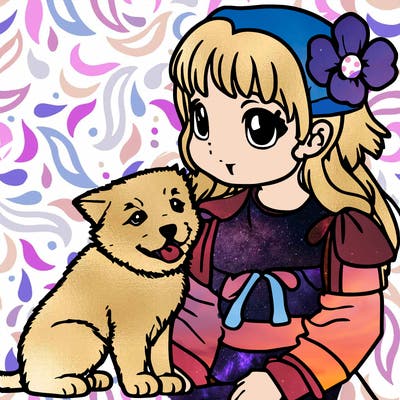 anime character that’s winking and has a adorable puppy next to it with flowers