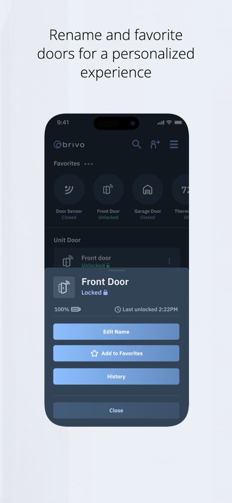 Brivo Mobile Pass - Interfaccia Brivo Mobile Pass per rinominare e aggiungere porte ai preferiti