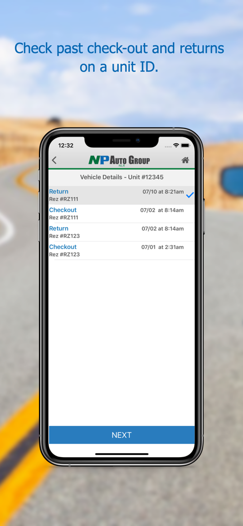 ASAP Rent - ASAP Rent mobile app displaying past vehicle checkout and return history for rental fleet management