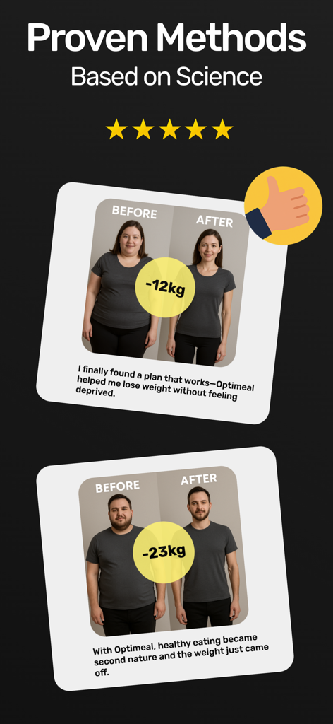 Optimeal: AI Calorie Counter - Historias de éxito de pérdida de peso antes y después de una mujer y un hombre que usan la aplicación Optimeal.