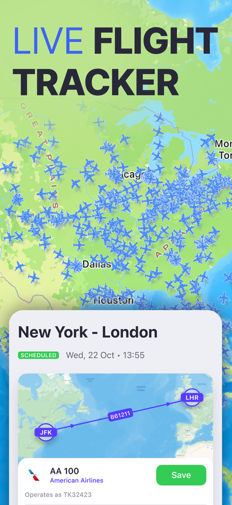 Interface of Planes Live flight tracker app showing live air traffic map and a scheduled flight from New York to London