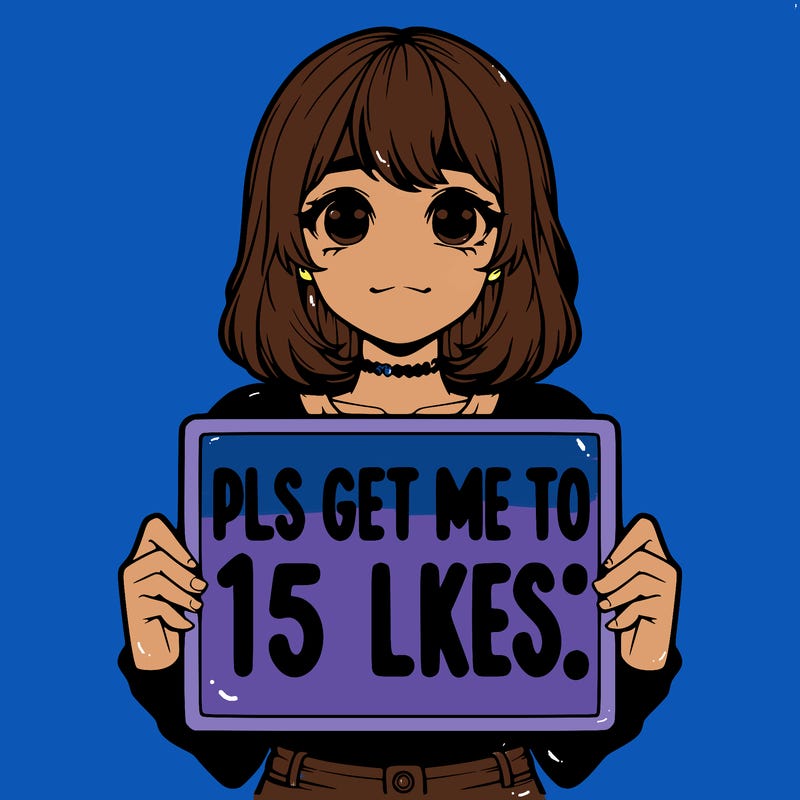 realistic girl holding up a sign that says “pls get me to 15 likes!”