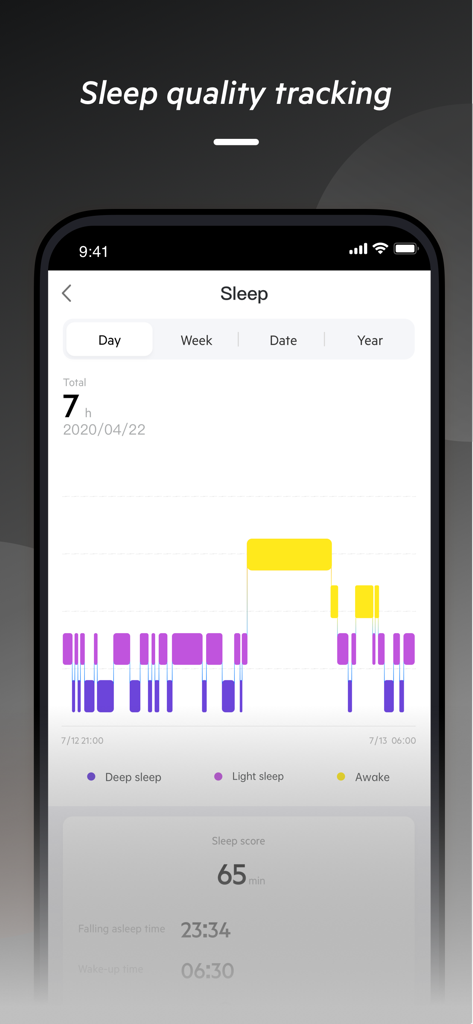 Ryze Connect - A mobile interface of the Ryze Connect app displaying a sleep quality graph with deep sleep, light sleep, and awake periods.