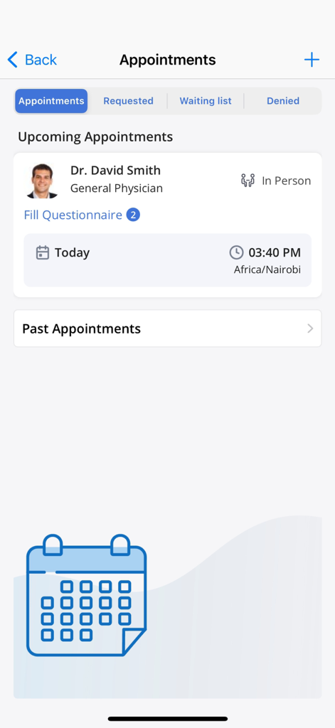 Charm mPHR app screen showing an upcoming appointment with a general physician and a notification to fill out a questionnaire