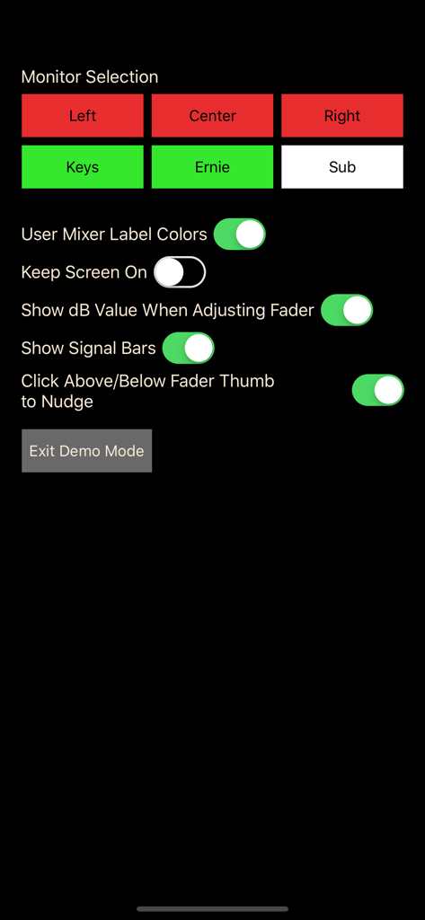 XAir Monitor Mixer - XAir Monitor Mixer app settings screen showing monitor selection buttons and user preference toggles