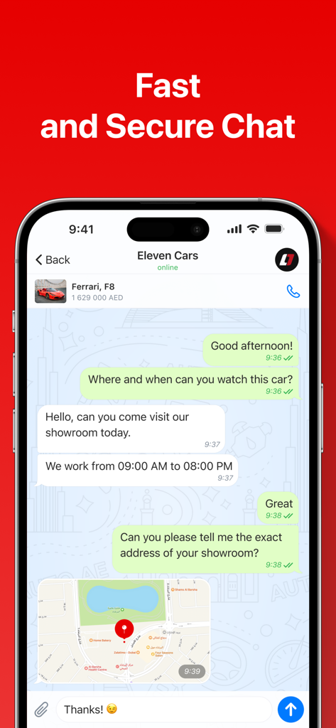 AUTO.AE: Buy & Sell Cars - In-app chat interface for AUTO.AE car marketplace showing a conversation between a buyer and seller with map location sharing