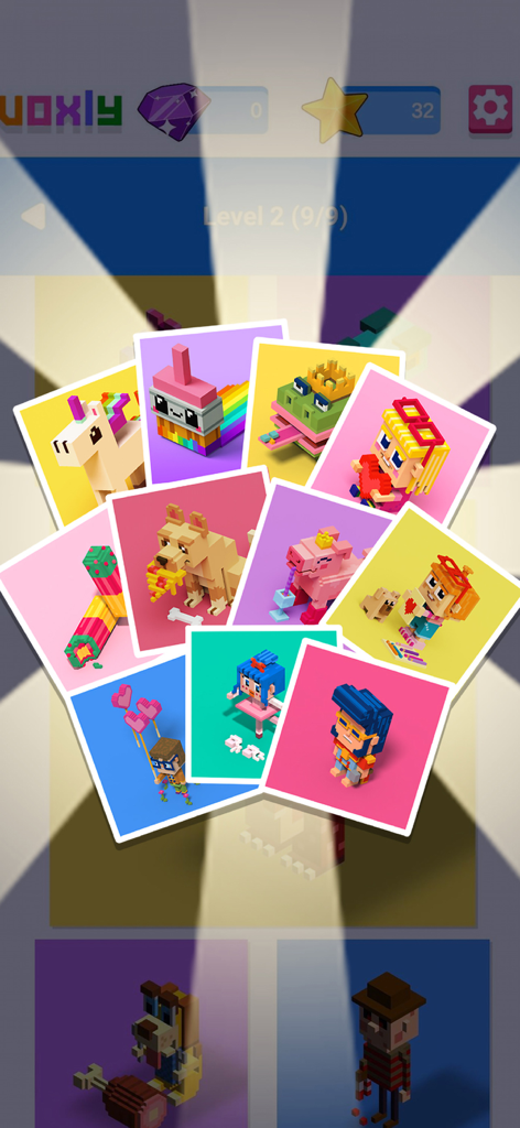 Voxly: Color By Number - Una galería de coloridos personajes de arte voxel 3D que incluyen animales y princesas en la aplicación Voxly