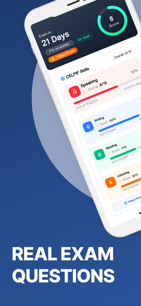 A smartphone screen displaying the PTE Exam Practice Preparation app dashboard with a countdown to the exam and sectional scores for speaking, writing, reading, and listening.