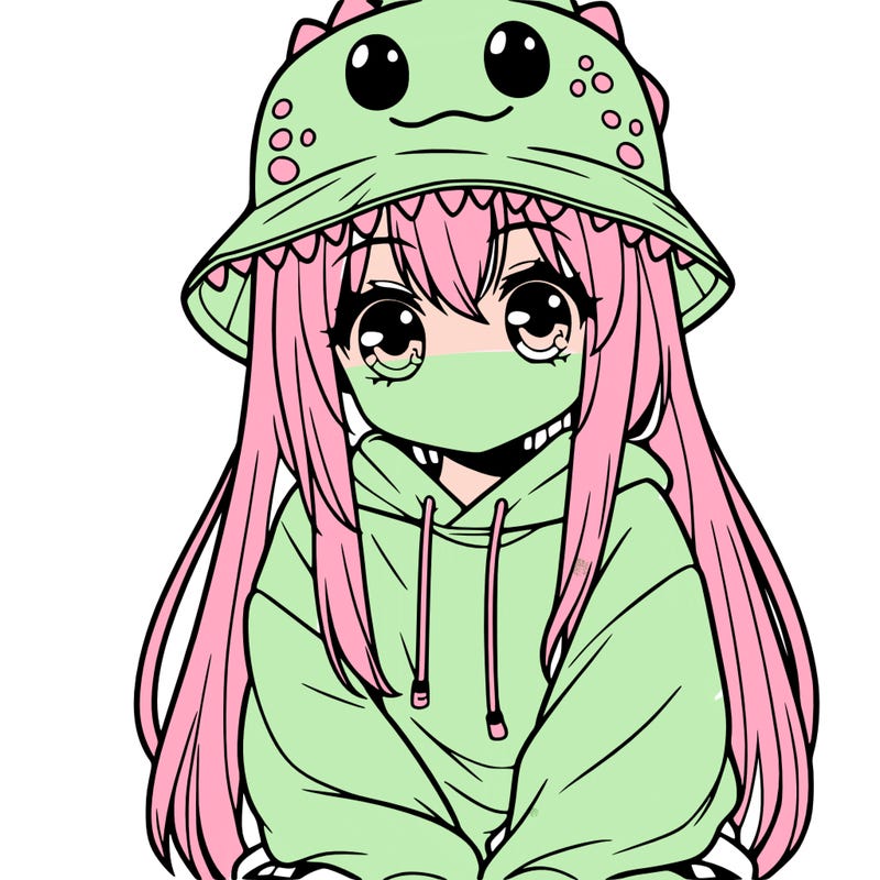 girl with anime shaped eyes with a dinosaur bucket hat oversized sweatshirt long straight hair
