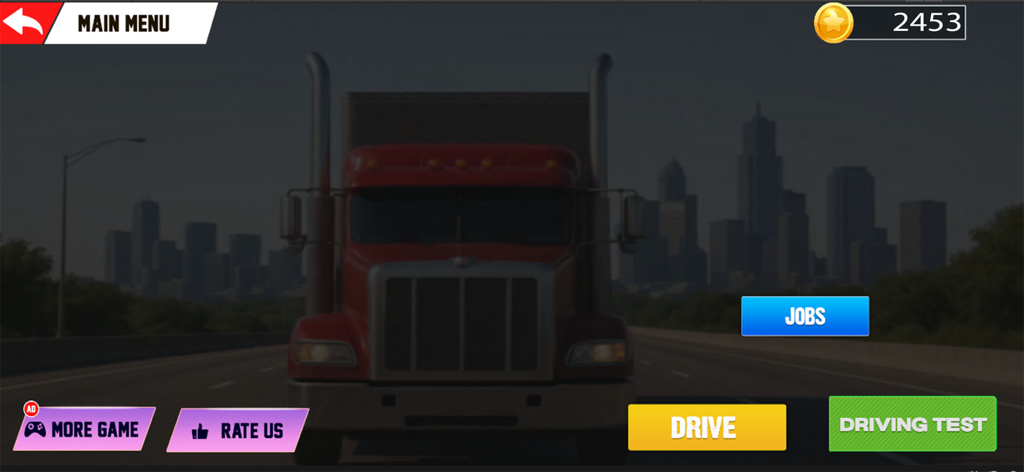 Pantalla del menú principal de American Truck Simulator Era con un camión semirremolque rojo y el horizonte de la ciudad