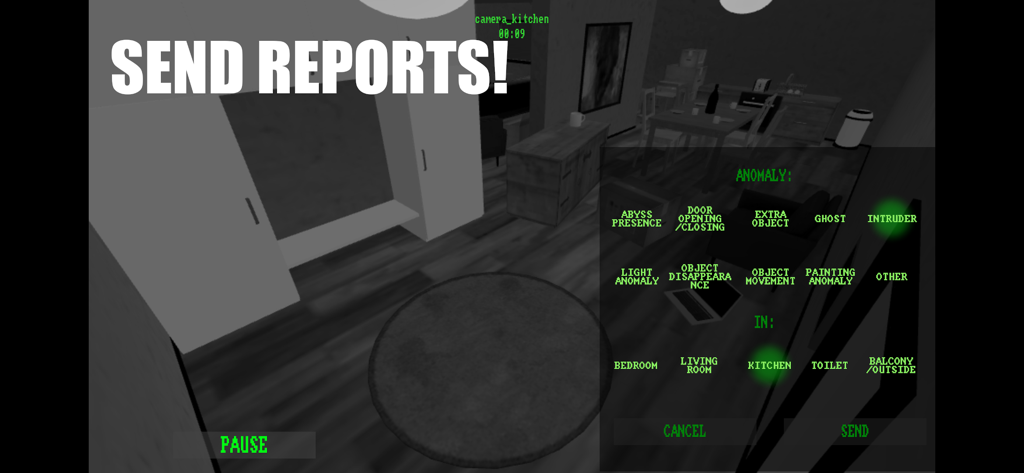 모바일 게임 I'm on Observation Duty에서 주방 감시 메뉴를 통해 침입자 이상 현상을 보고하는 모습
