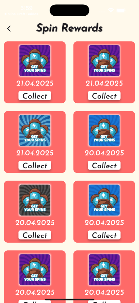 CM Link Daily Spins & Dice - A screen showing a list of daily spin rewards with dates and collect buttons