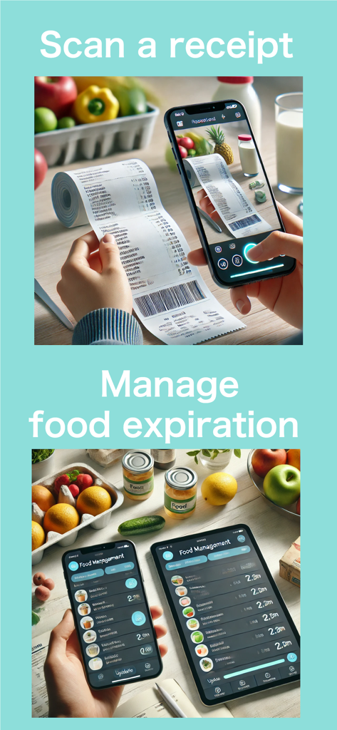 Fresh Guide - Smartphone scanning a grocery receipt and displaying food expiration management list