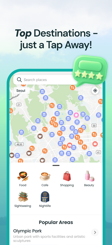 TABA - Get a taxi in Korea - TABAアプリのスクリーンショット。食べ物、買い物、観光のカテゴリでソウルの人気デスティネーションを表示