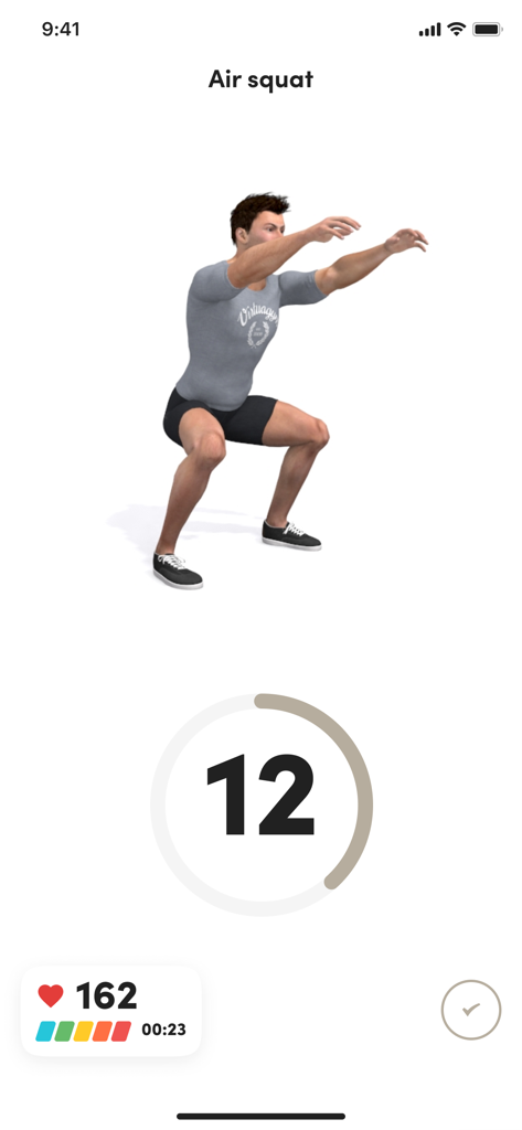 Studio Pura Vida - A 3D character demonstration of an air squat exercise in the Studio Pura Vida fitness app with a heart rate and repetition counter