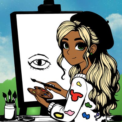 realistic girl artist painting a blank canvas