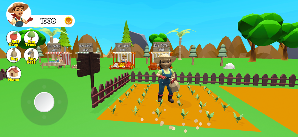 Grow My Garden + - Un personaje cuidando una pequeña parcela de jardín con puestos de mercado al fondo del juego Grow My Garden Plus.