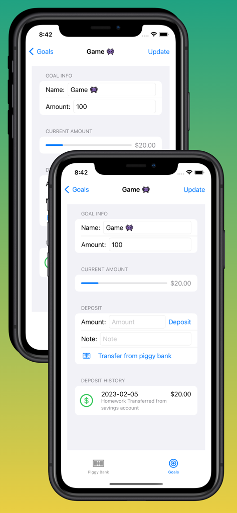 Family Piggy Bank - Interfaz de la aplicación Hucha Familiar que muestra el progreso de una meta de ahorro y el historial de depósitos para un juego