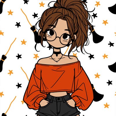 girl with a messy ponytail glasses a baggy crop top and jean shorts