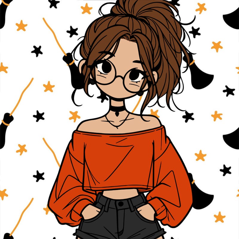 girl with a messy ponytail glasses a baggy crop top and jean shorts