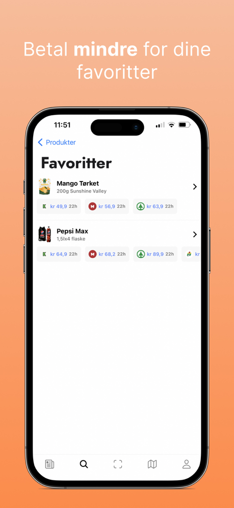 Captura de pantalla de la aplicación Prisjegere que muestra una lista de favoritos con comparaciones de precios de artículos de comestibles entre diferentes tiendas