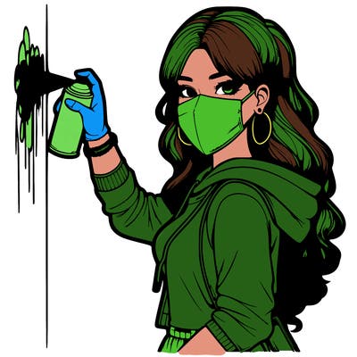 realistic girl with mask spray painting a wall