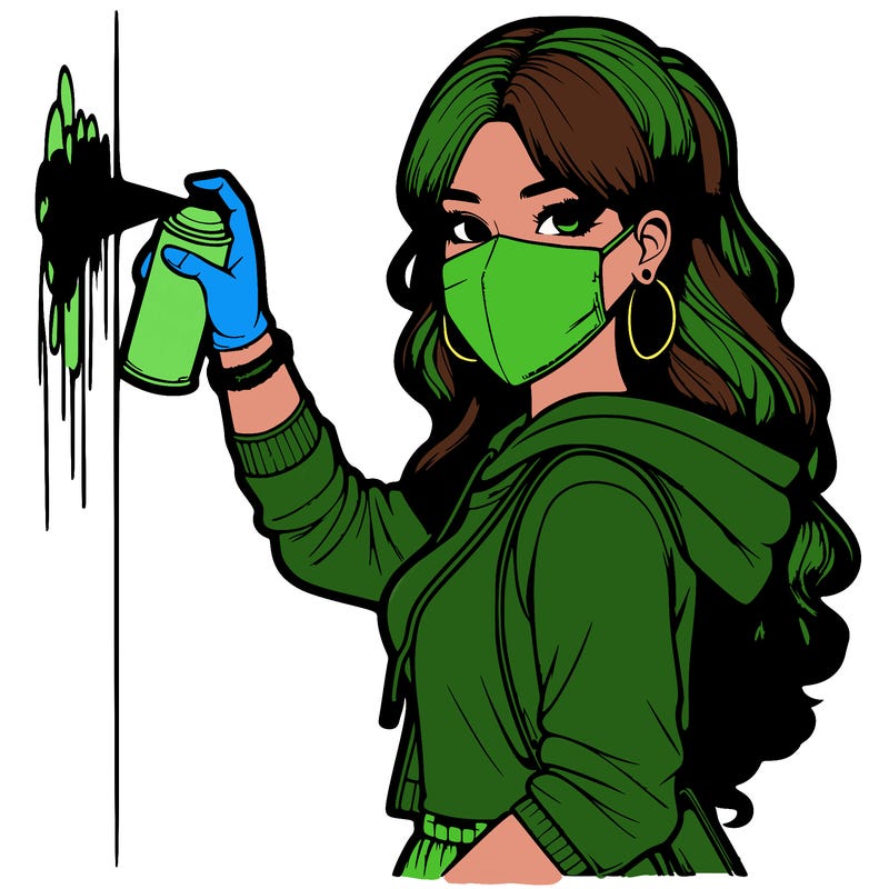 realistic girl with mask spray painting a wall